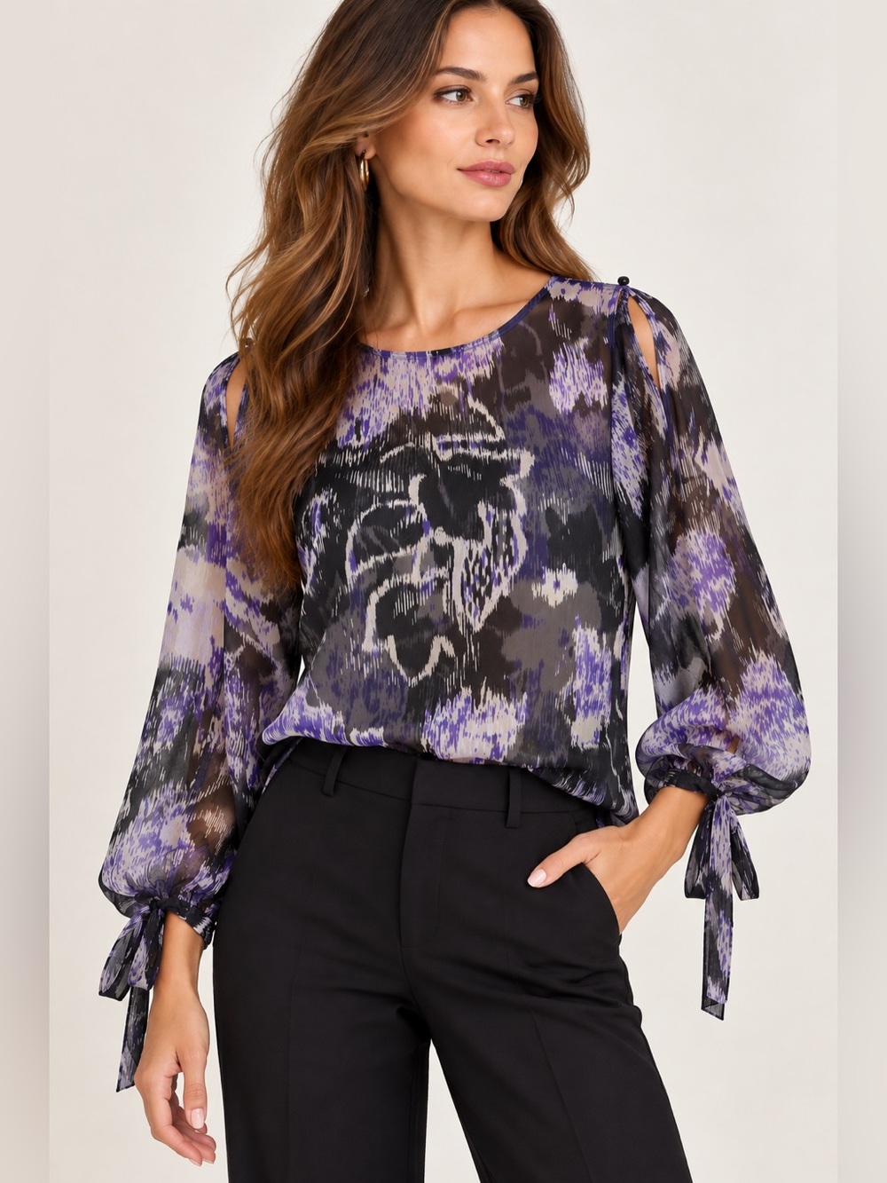 Elie Tahari 100% Silk Sheer Floral Blouse Purple Black Cold Shoulder Size M
